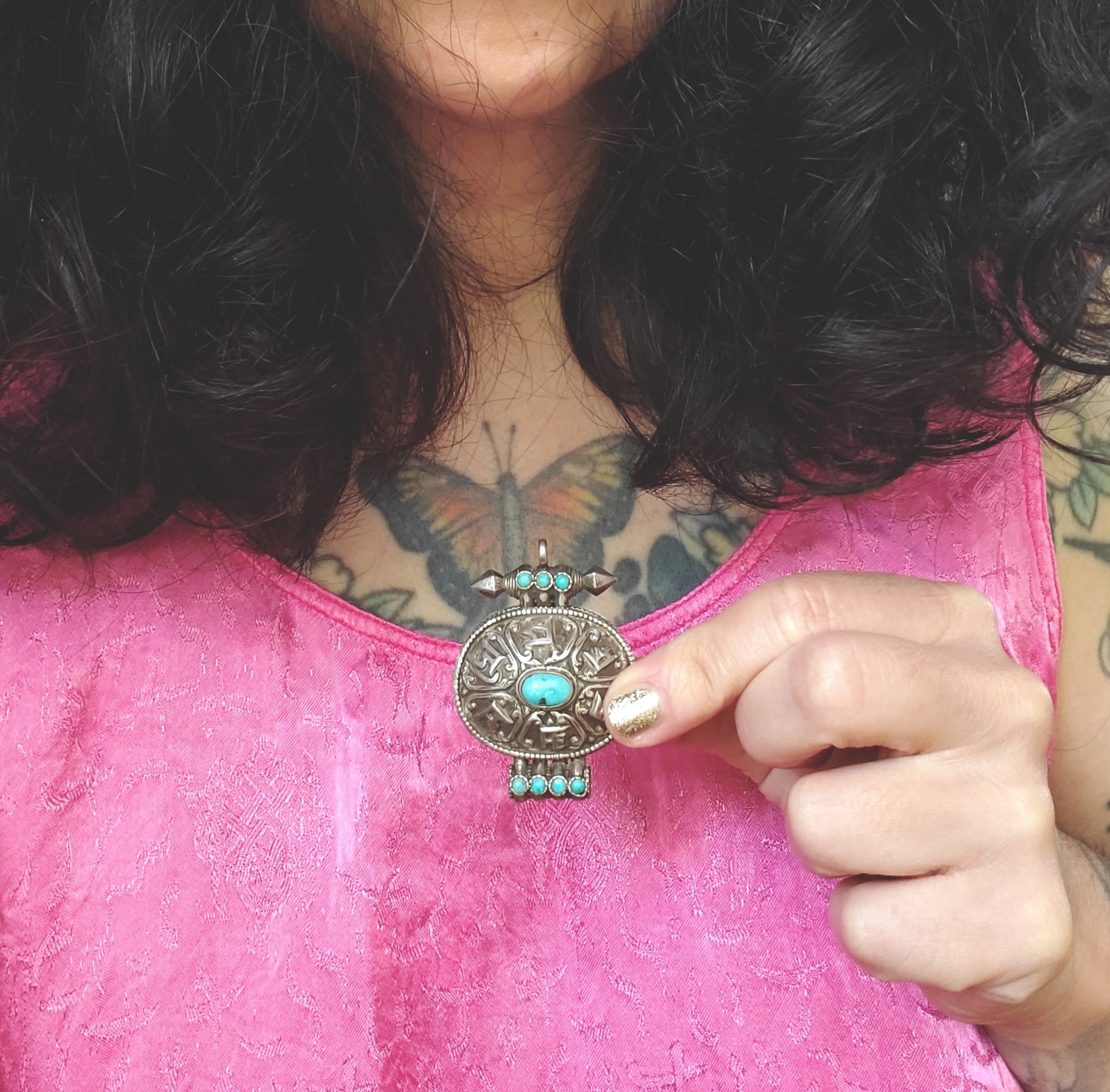 Tibetan or Nepali Gau Box Pendant with Turquoises