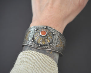 Vintage Kazakh Silver Carnelian Gilded Cuff Bracelet