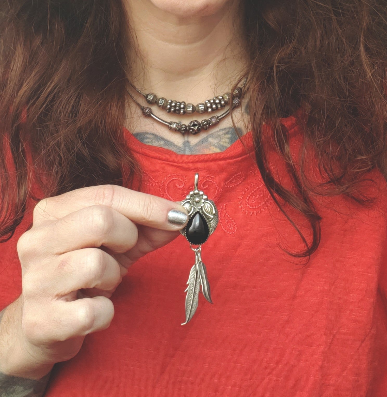 Native American Navajo Onyx Feather Pendant