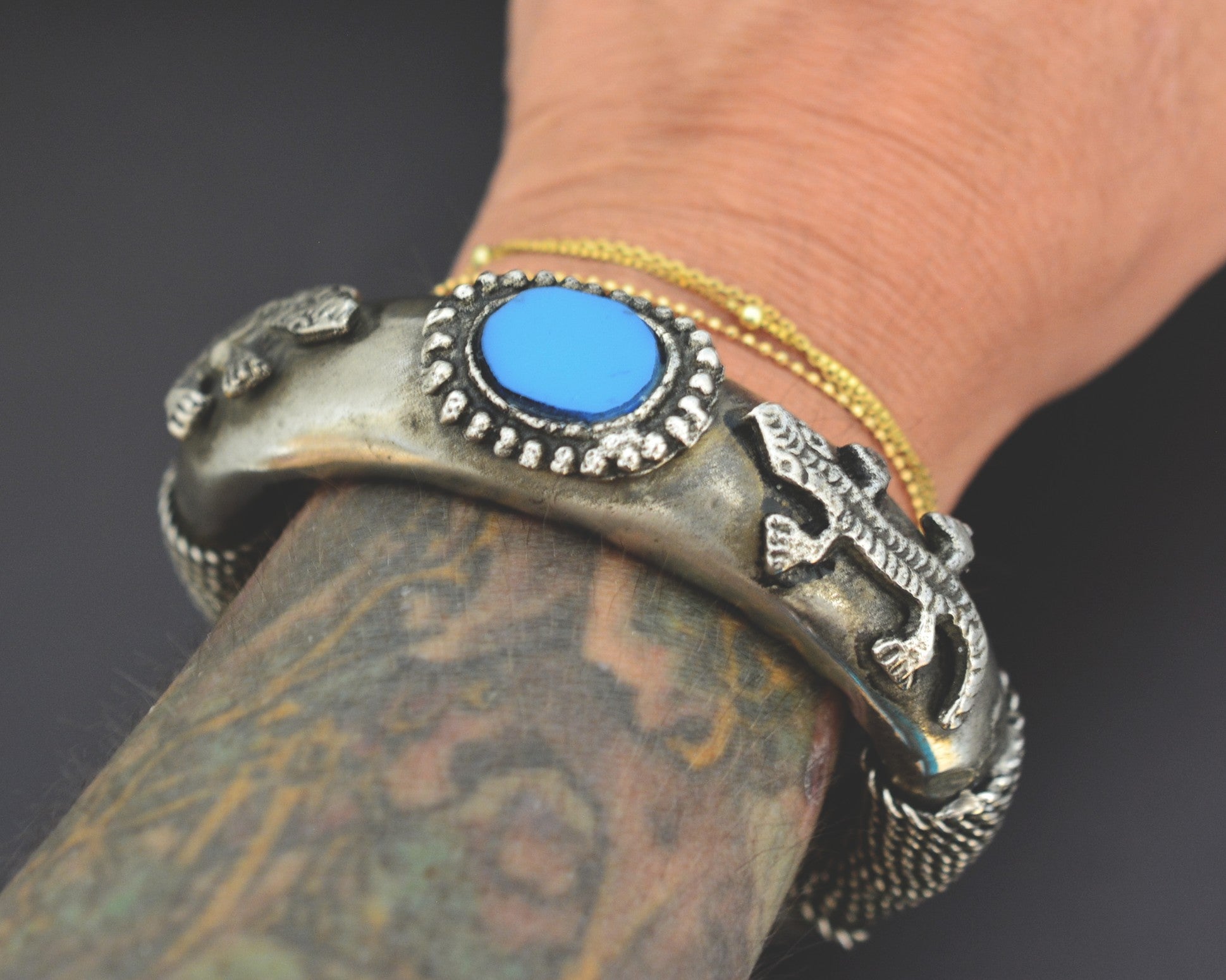 Tribal Lizard Silver Cuff Bracelet with Glass