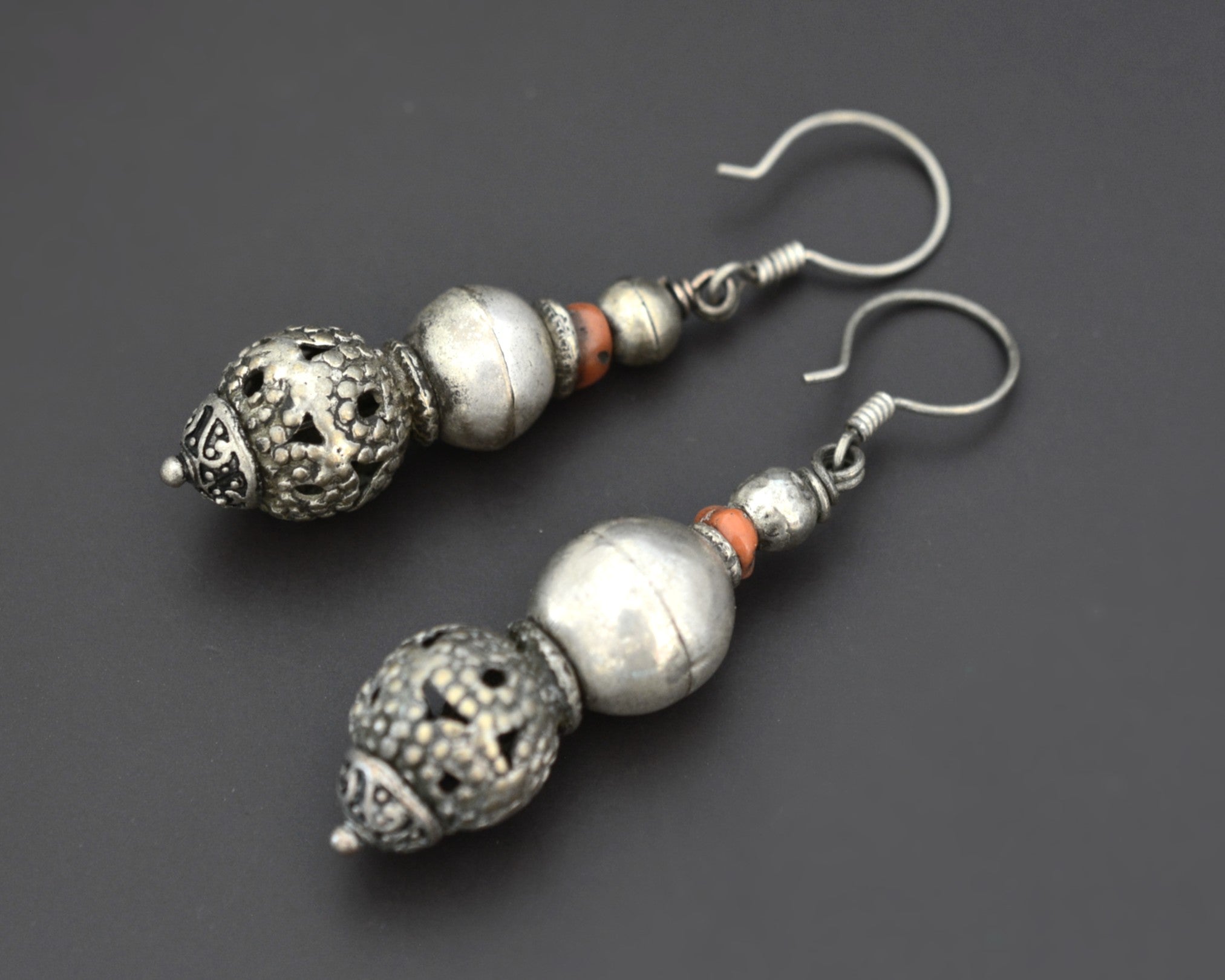 Afghani Silver Bead Coral Dangle Earrings