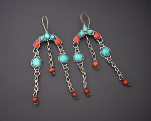 Long Uzbek Glass Stones and Coral Earrings