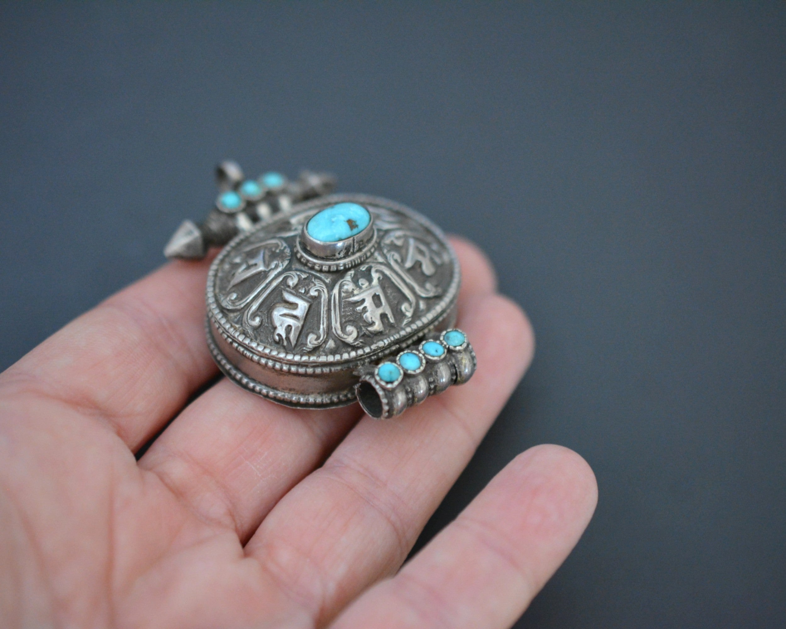 Tibetan or Nepali Gau Box Pendant with Turquoises