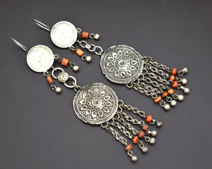 Long Uzbek Coin Dangle Coral Silver Earrings