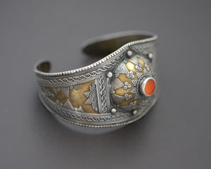 Vintage Kazakh Silver Carnelian Gilded Cuff Bracelet