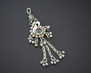 Rajasthani Silver Peacock Enamel Pendant with Bells