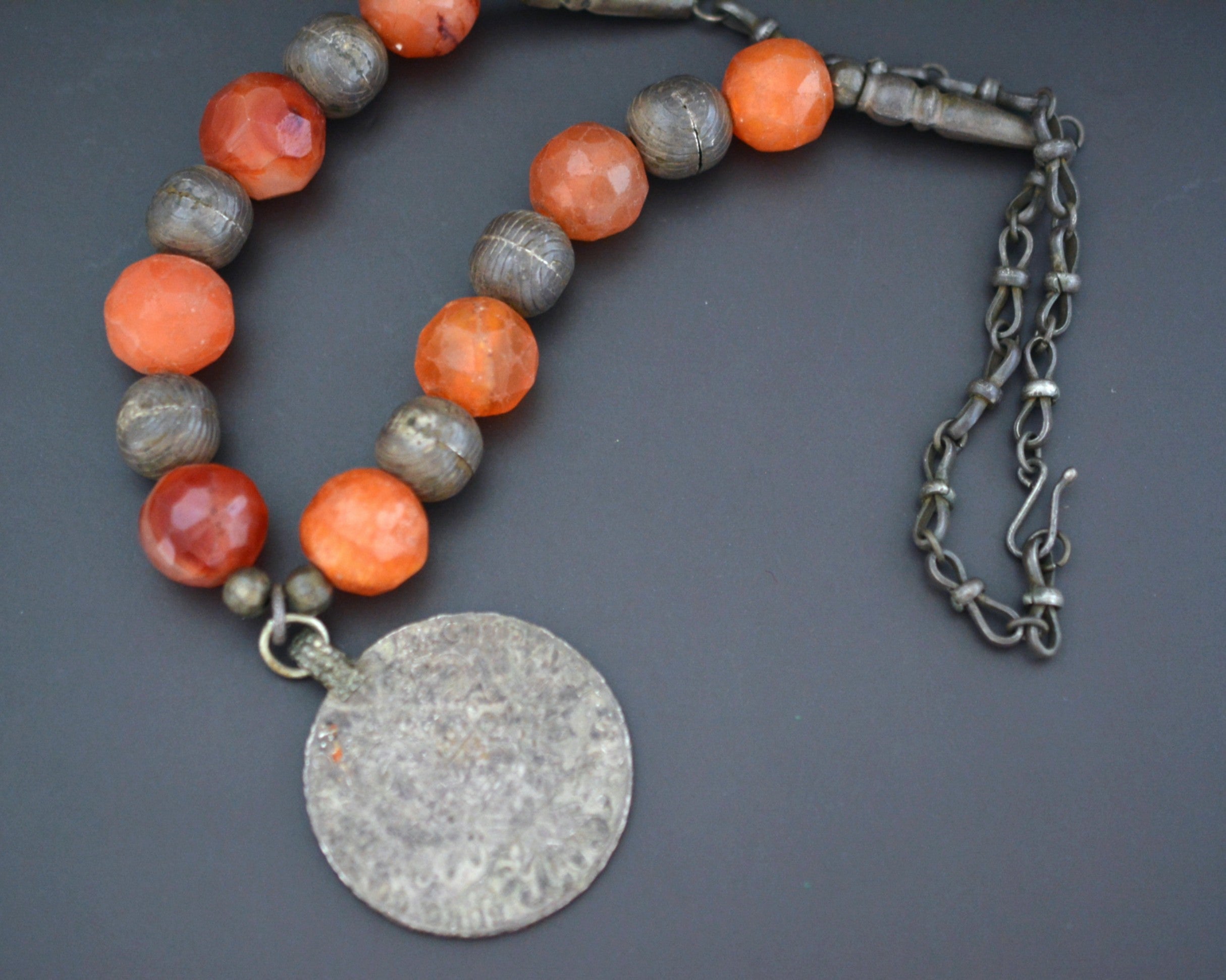 Yemeni Carnelian and Silver Beads Necklace with Maria Theresia Thaler Coin