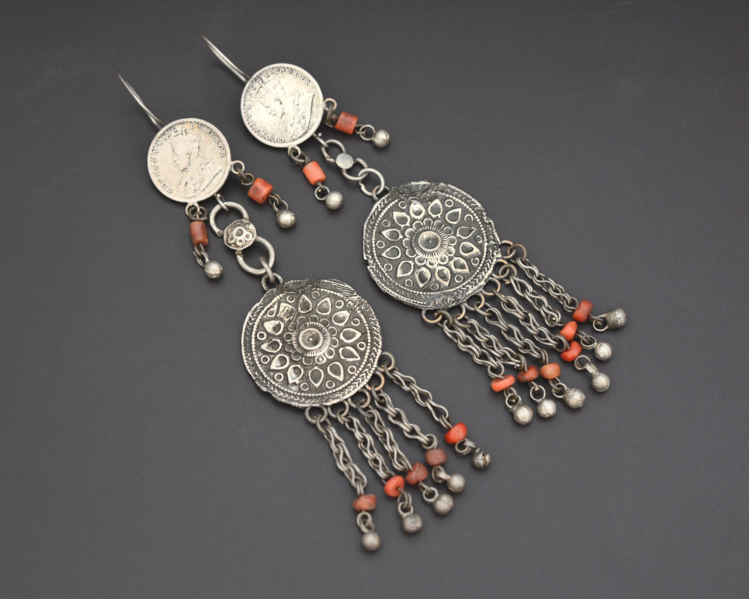 Long Uzbek Coin Dangle Coral Silver Earrings