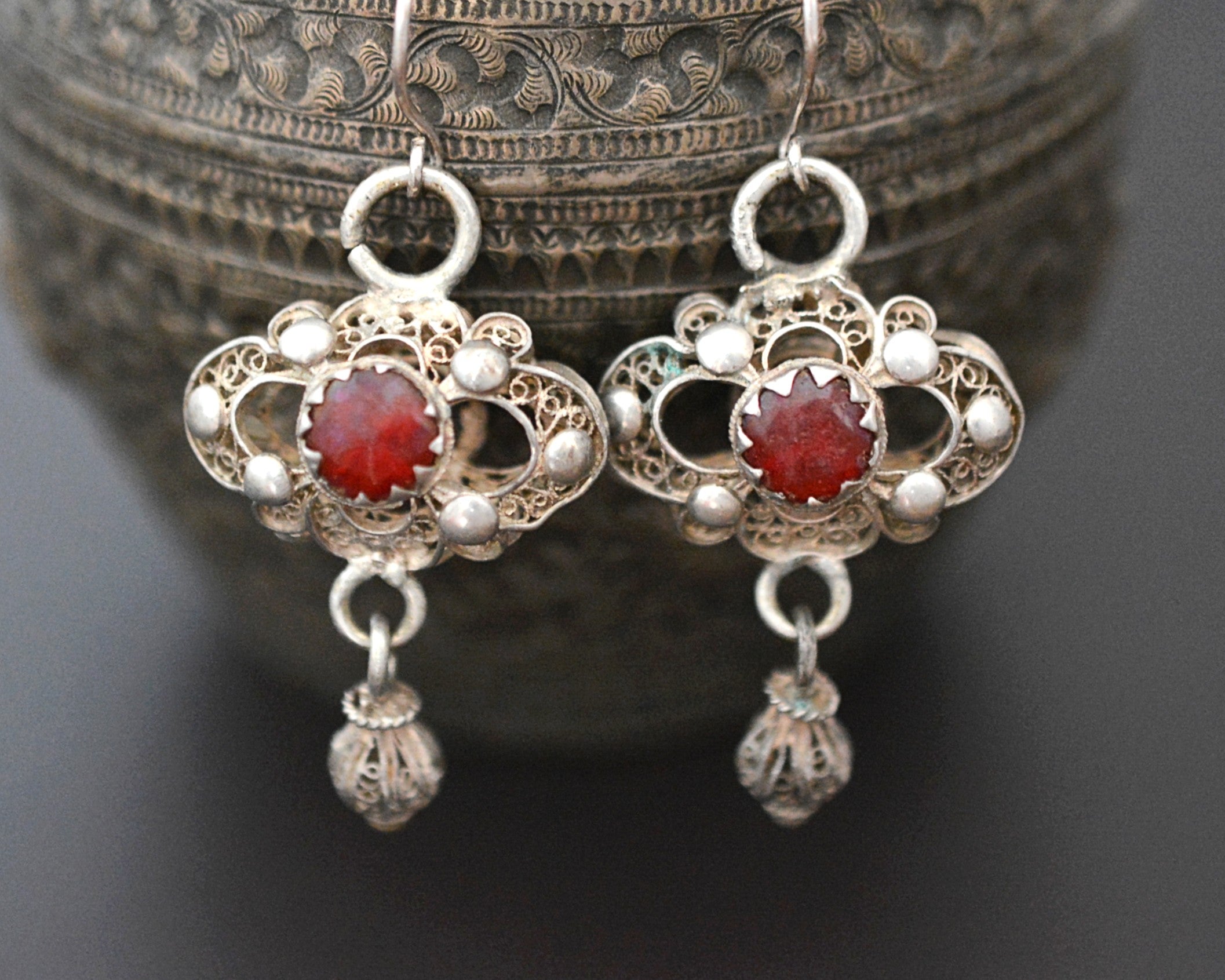 Ethnic Silver Filigree Glass Earrings