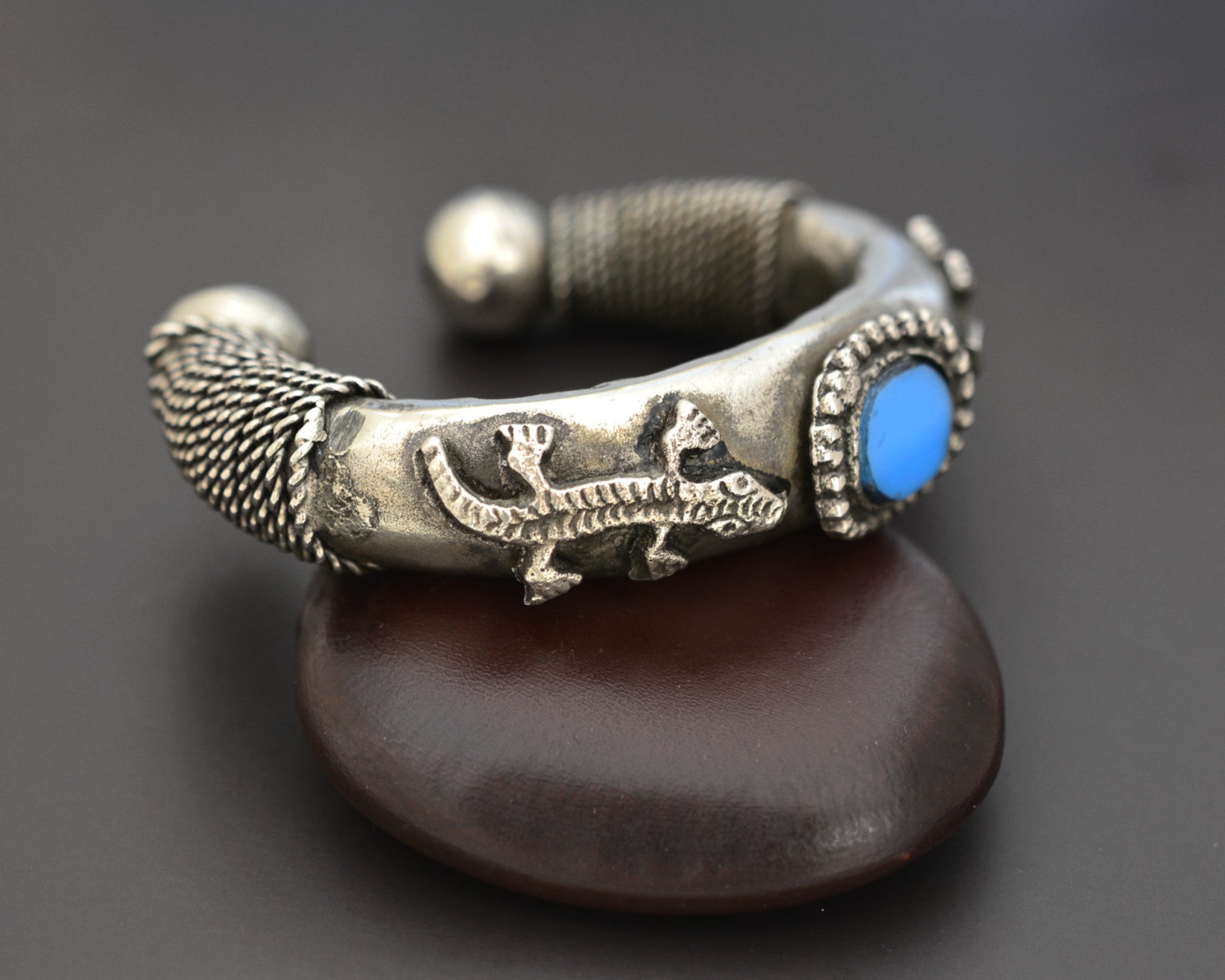 Tribal Lizard Silver Cuff Bracelet with Glass