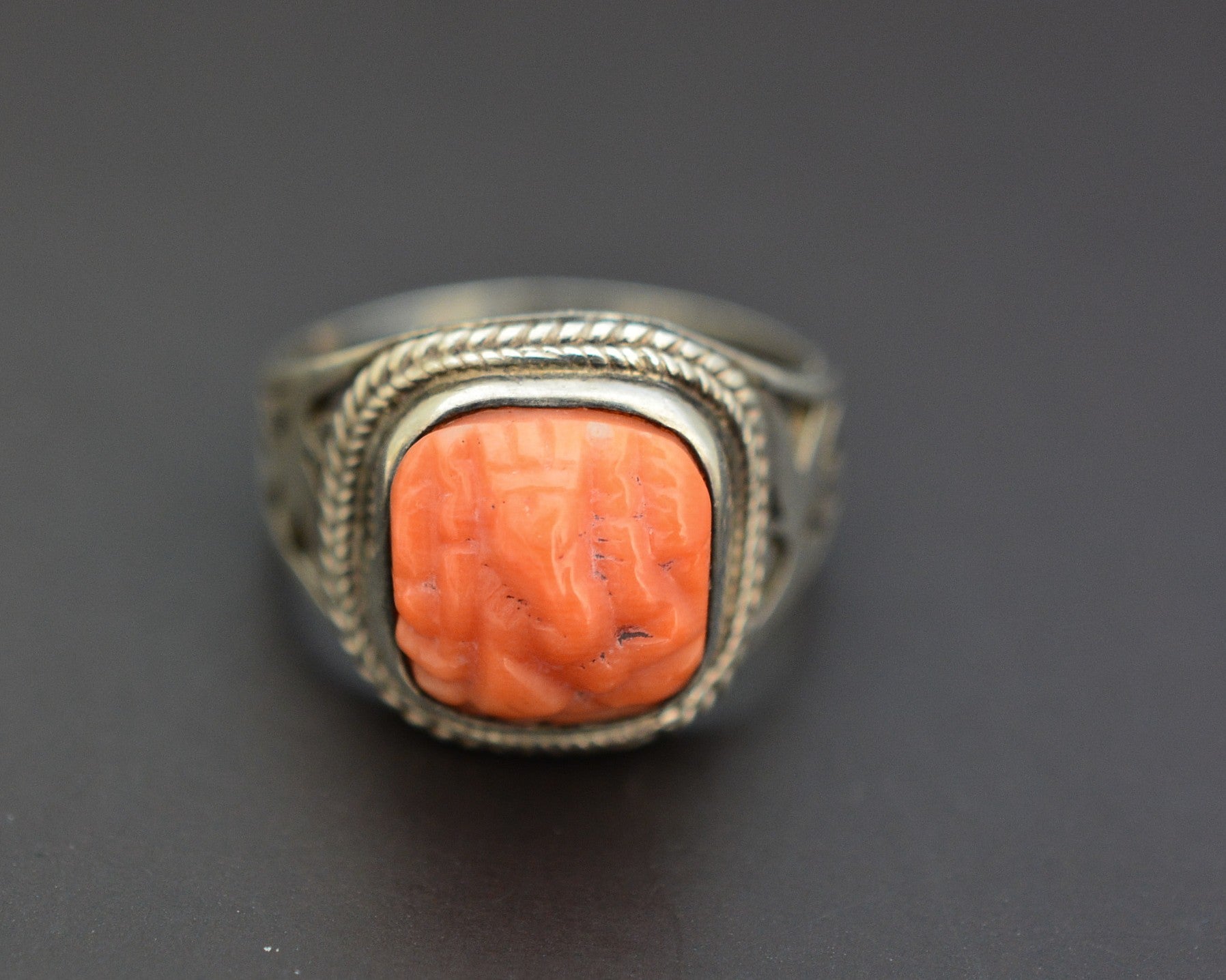 Nepali Ganesha Carved Coral Ring - Size 8.5