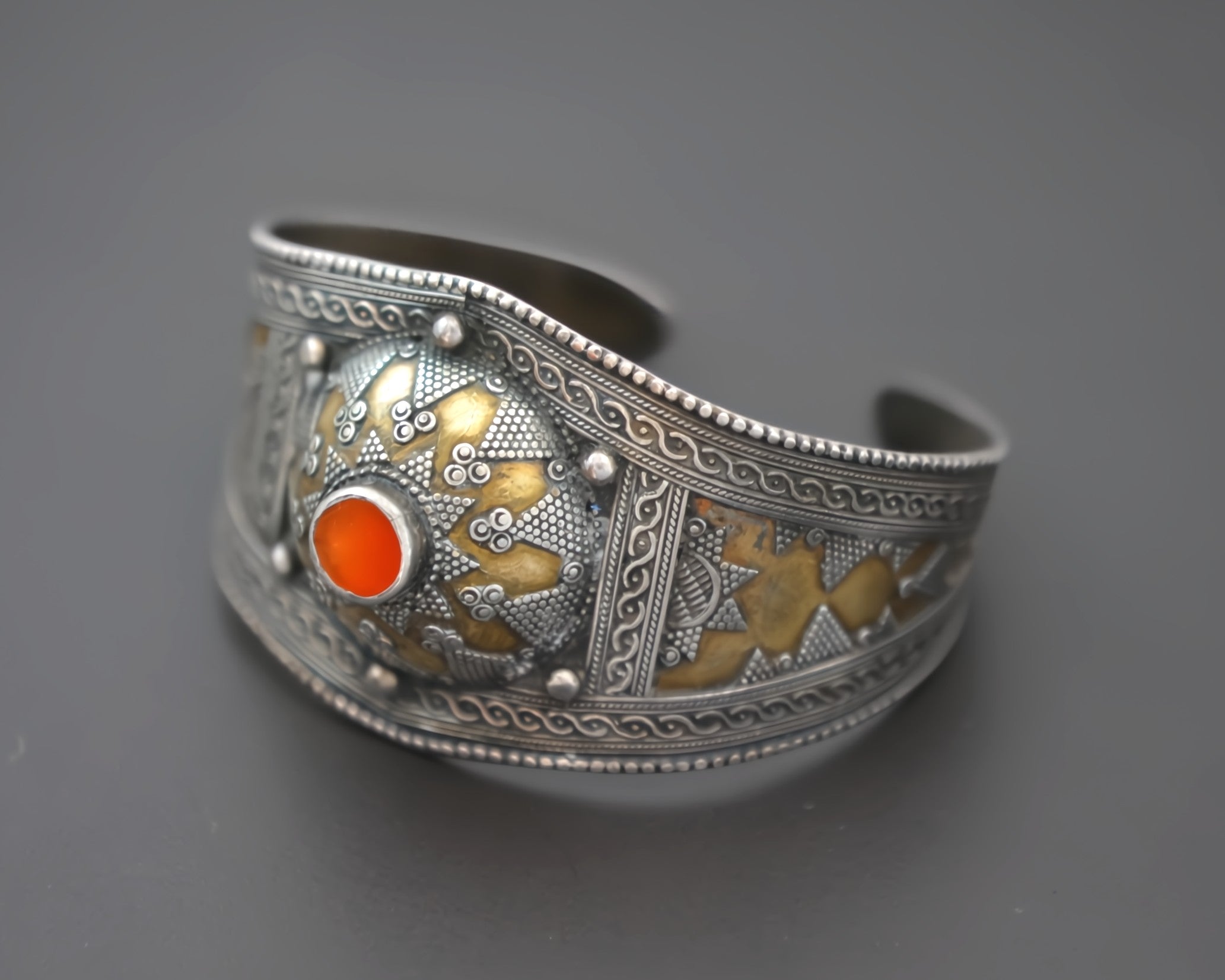 Vintage Kazakh Silver Carnelian Gilded Cuff Bracelet