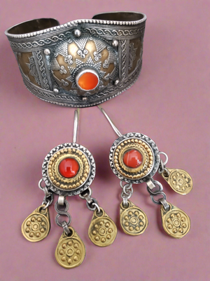 Vintage Kazakh Silver Carnelian Gilded Cuff Bracelet