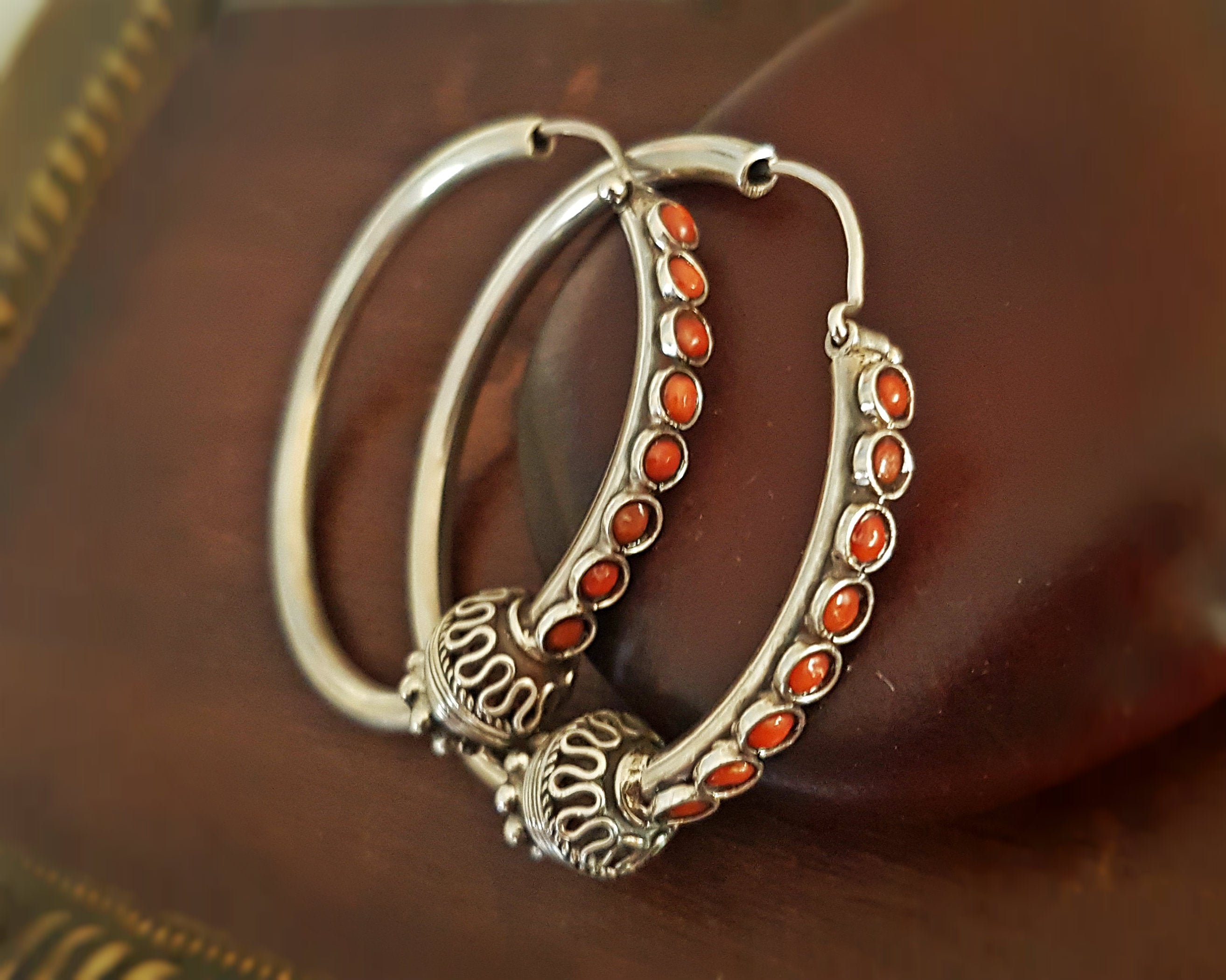 Ethnic Coral Hoop Earrings - LARGE