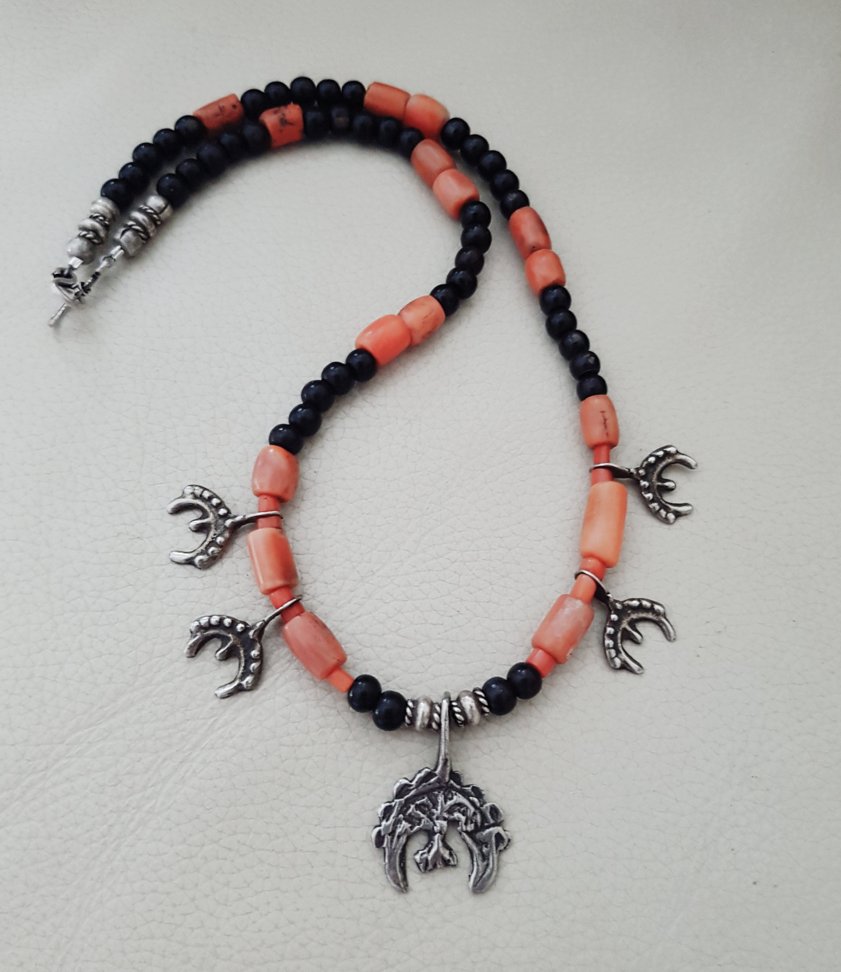 Berber Charms Coral Necklace with Silver Beads