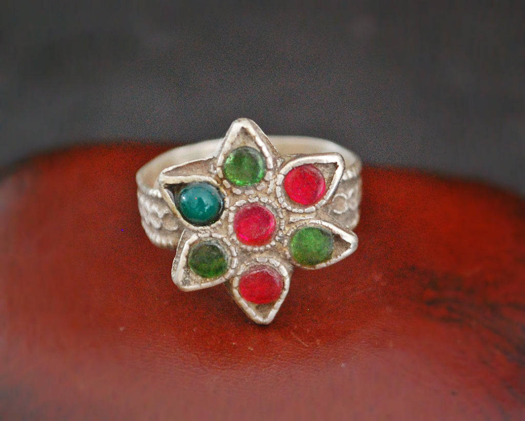 Rajasthani Flower Ring with Glass Stones - Size 6.5