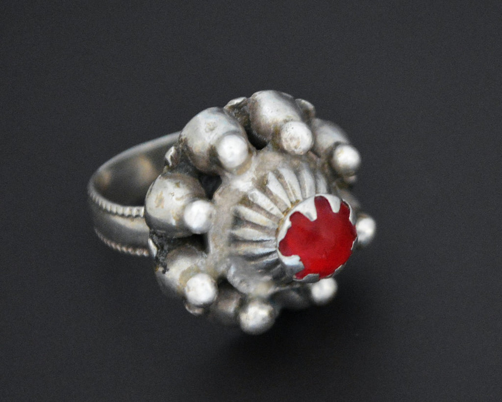 Pashtun Silver Ring with Red Glass - Size 8.5