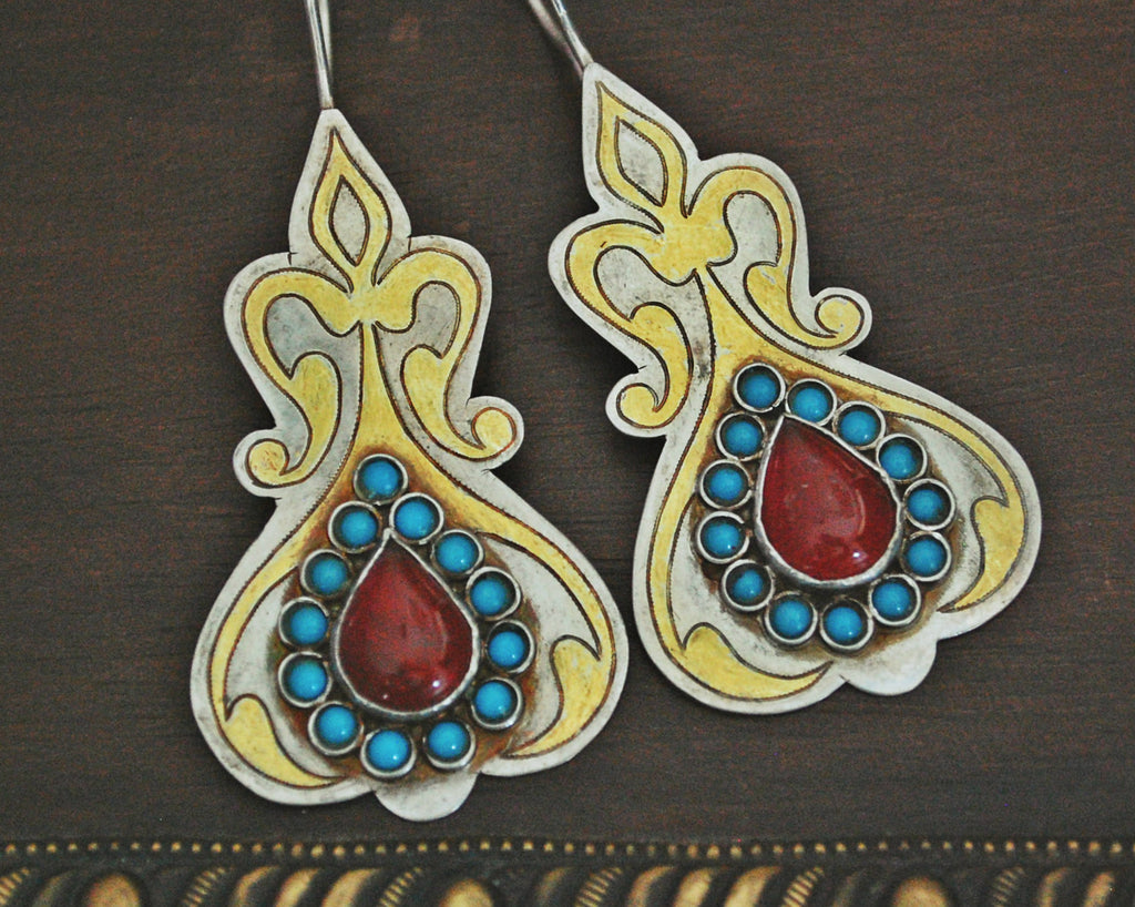 Vintage Turkmen Silver Gilded Earrings with Carnelian and Turquoise