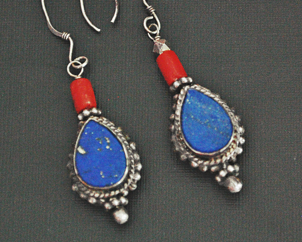 Tibetan Nepali Coral Lapis Lazuli Dangle Earrings