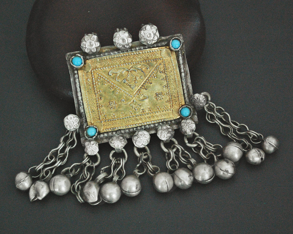 Antique Afghani Silver and Gilded Pendant with Bell Tassels