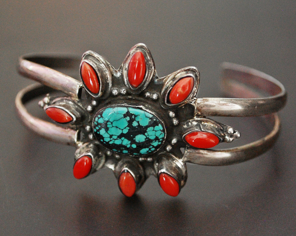 Nepali Coral and Turquoise Cuff Bracelet