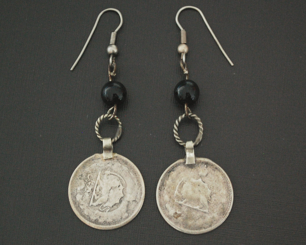 Kurdish Coin Earrings with Black Glass Bead