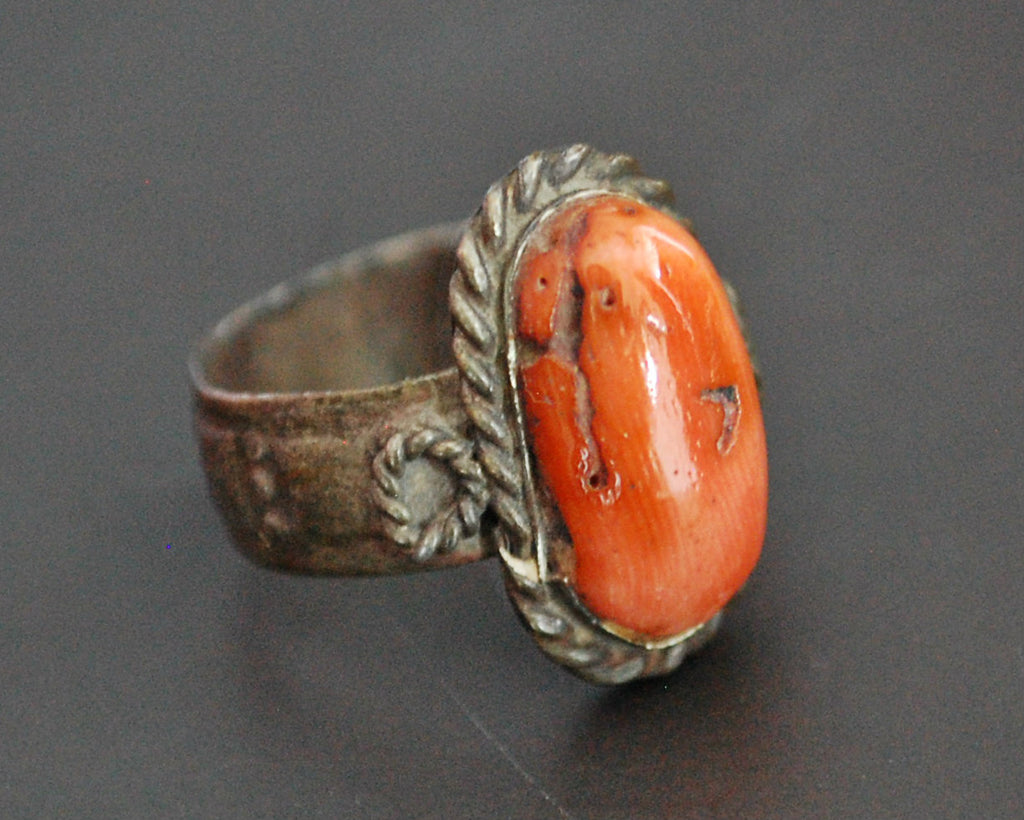 Old Yemeni Bedouin Coral Ring - Size 4.75