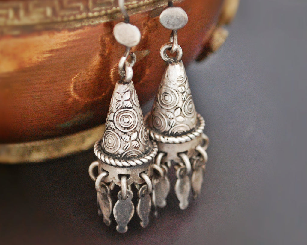 Rajasthani Silver Carved Earrings with Dangles