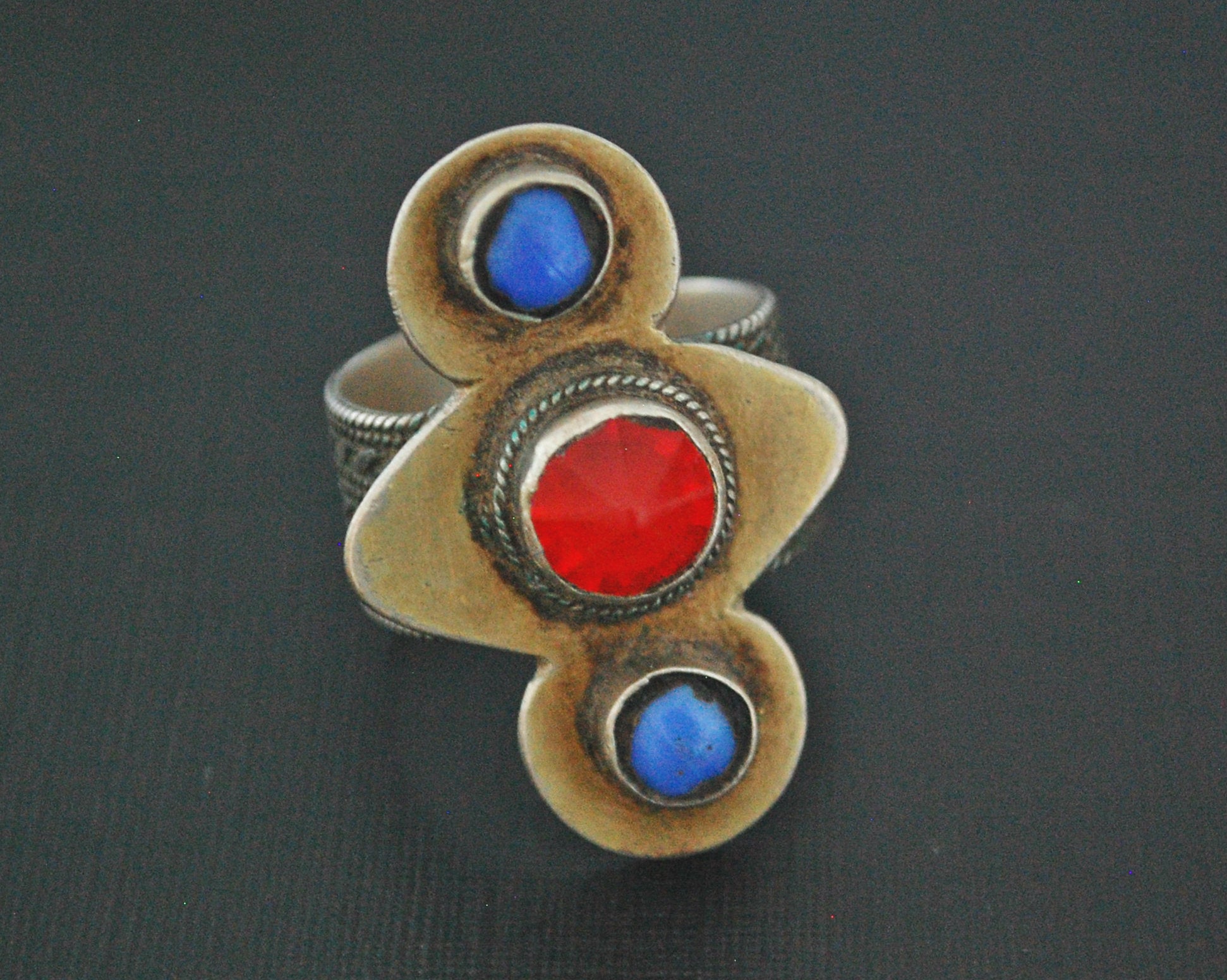 Turkmen Silver Gilded Ring with Glass Stones - Size 9