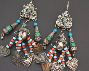 Huge Uzbek Coral Turquoise Dangle Earrings