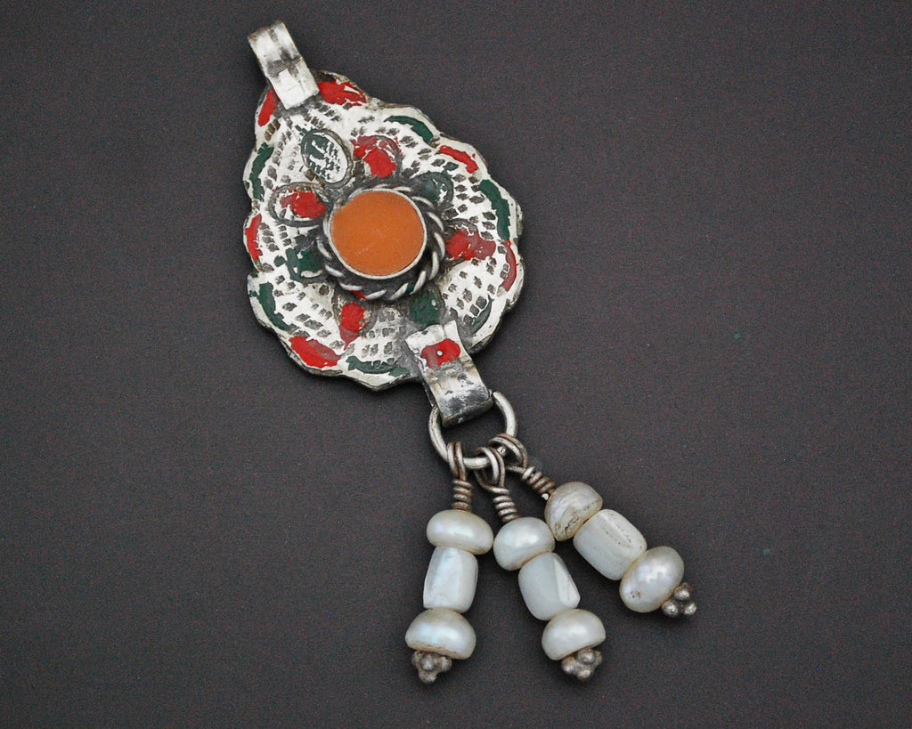 Berber Enamel Pendant with Pearl Dangles