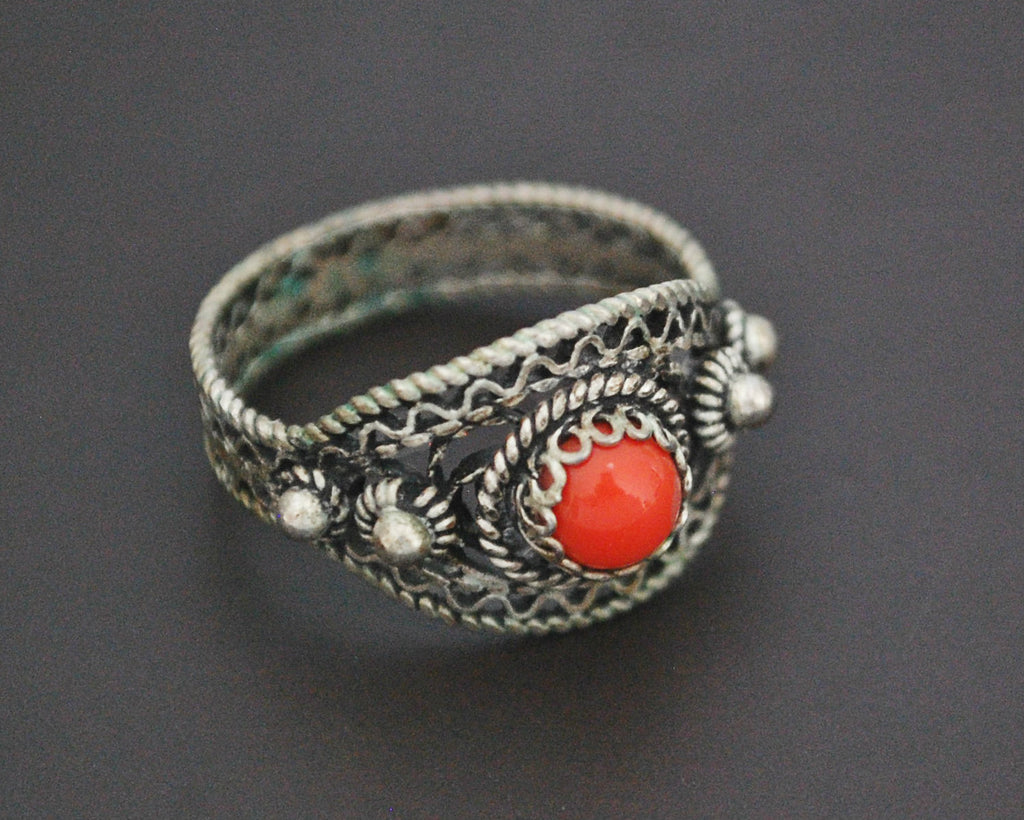 Croatian Coral Filigree Ring - Size 6.5