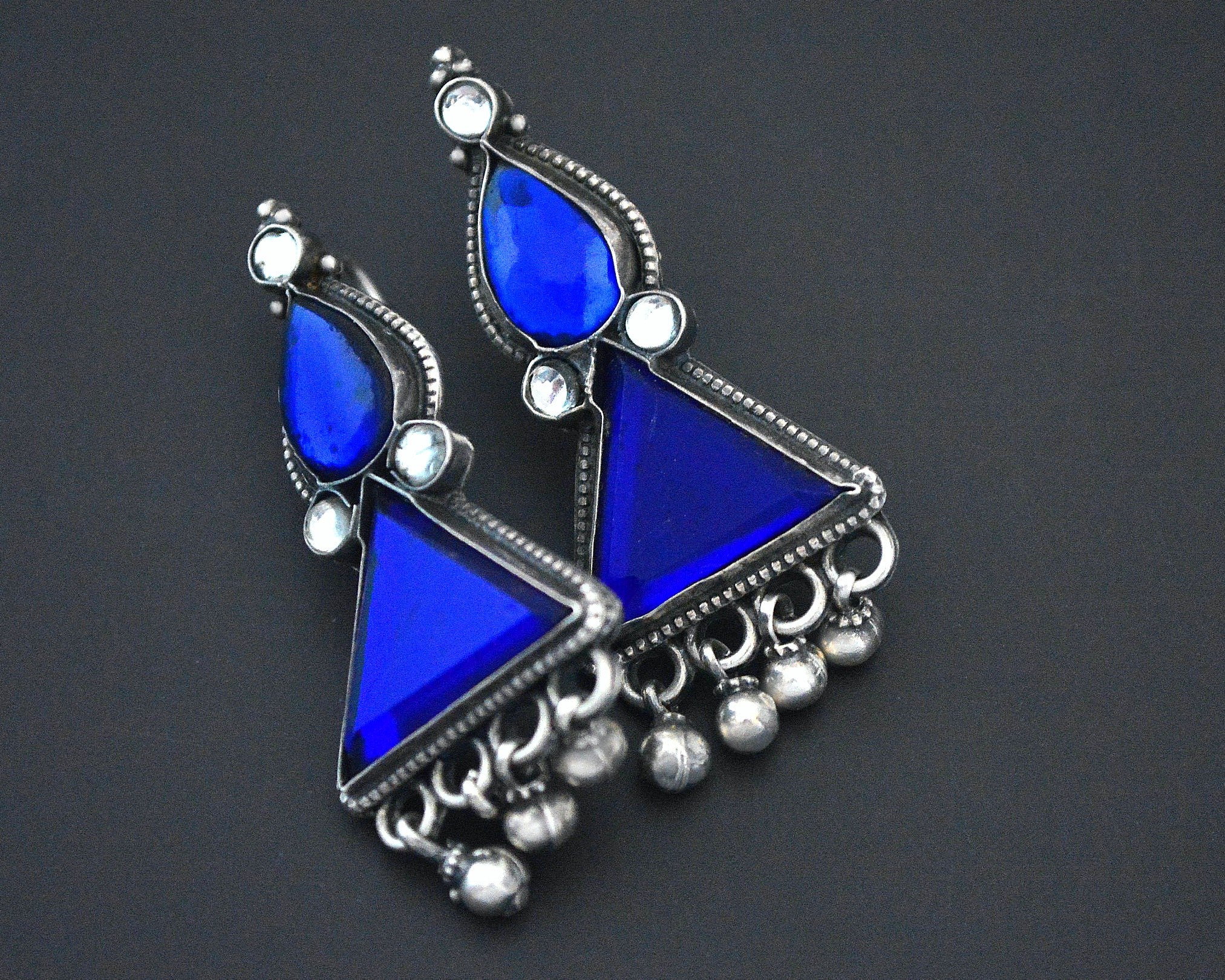 Rajasthani Earrings with Blue Glass and Bells