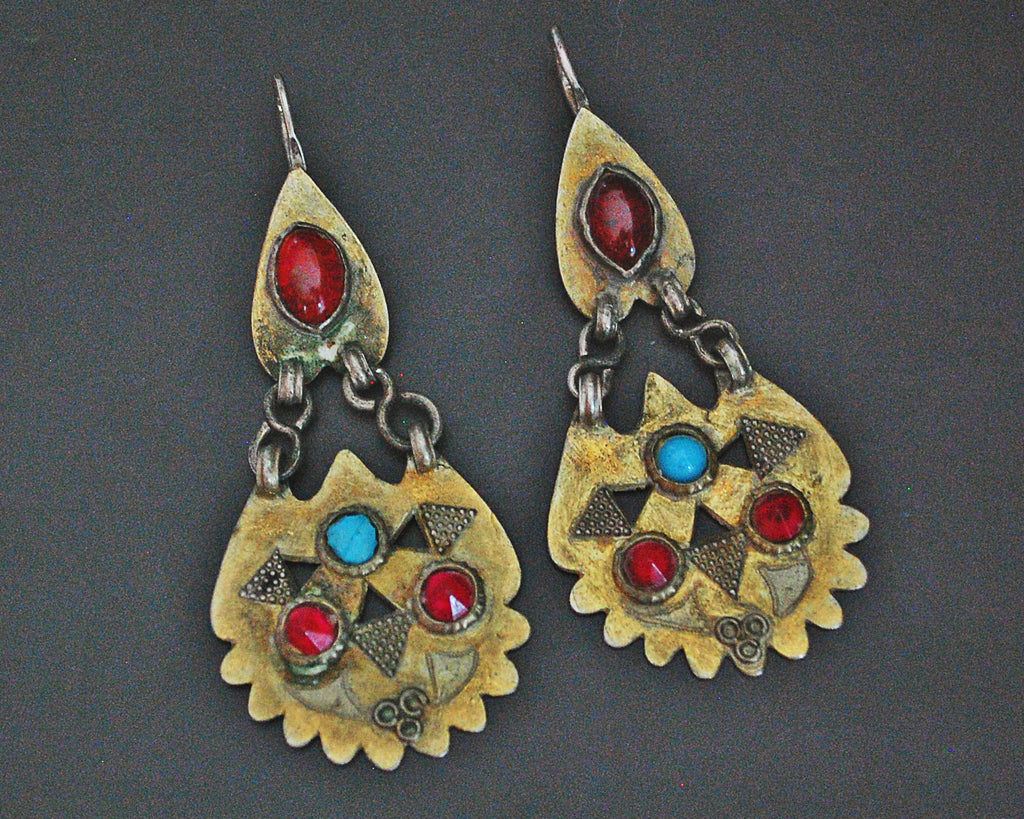 Vintage Turkmen Gilded Earrings with Glass Stones