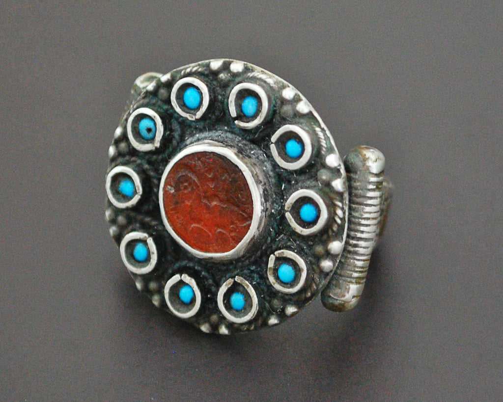 Bold Afghani Carnelian Turquoise Ring - Size 7.5