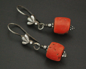 Old Tibetan Coral Silver Dangle Earrings