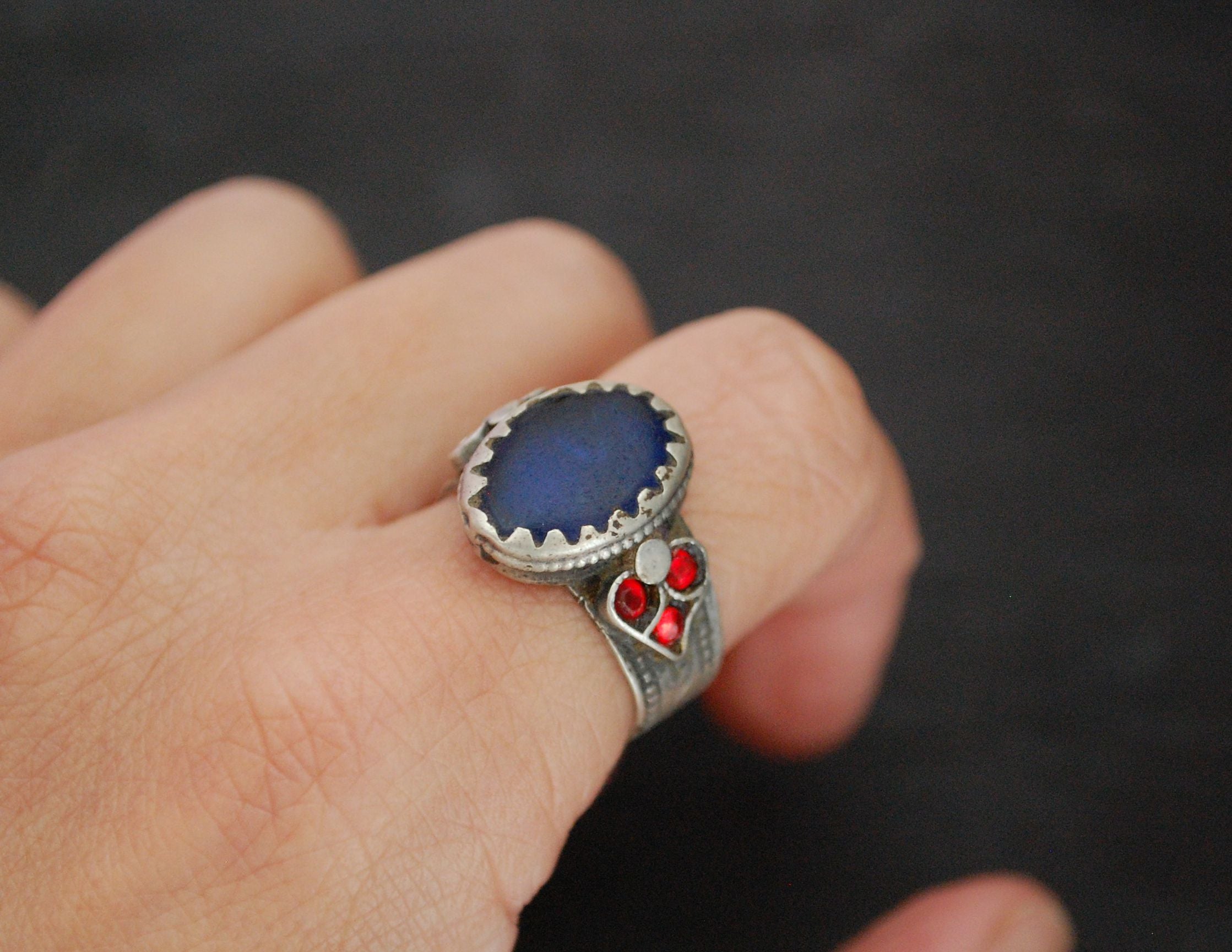 Antique Afghani Ring with Blue and Red Glass - Size 8