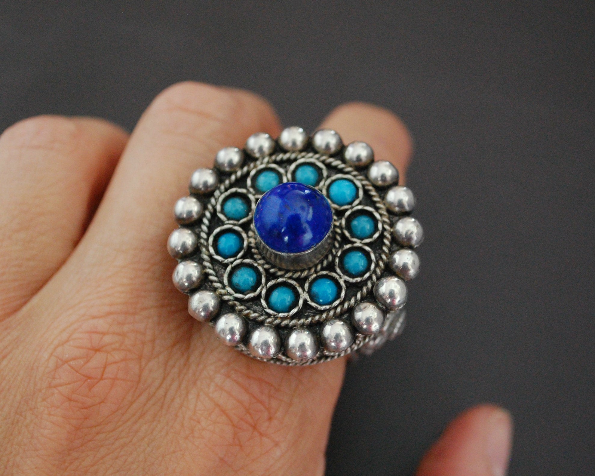 Bold Afghani Lapis Lazuli and Turquoise Ring - Size 9.5