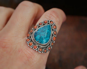 Ethnic Turquoise and Coral Ring from India