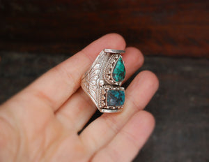 Nepalese Turquoise Lotus Saddle Ring - Size 9.5