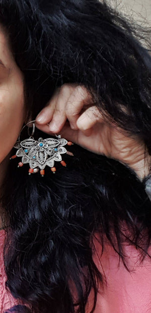 Uzbek Coral Turquoise Filigree Hoop Earrings