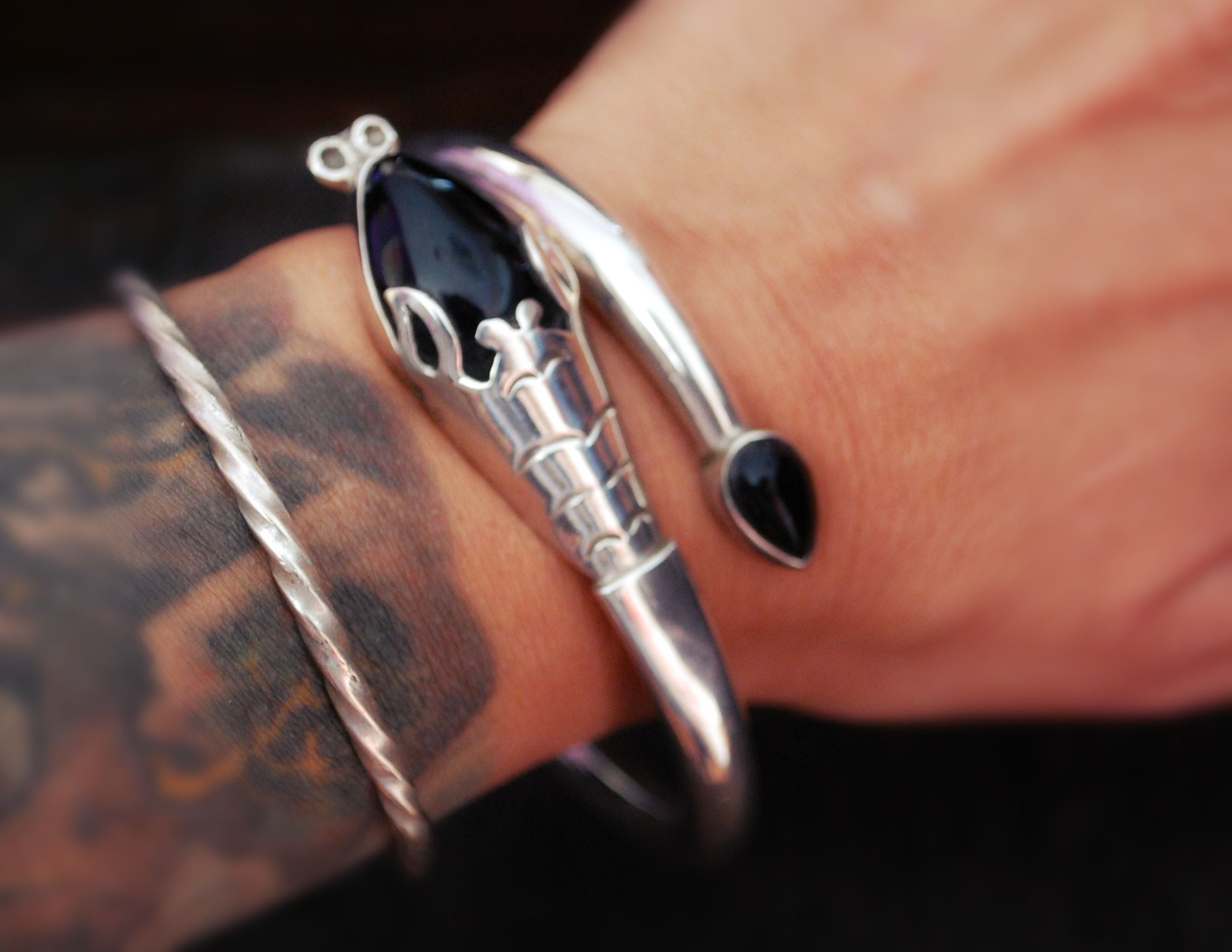 Onyx Snake Bracelet - Sterling Silver