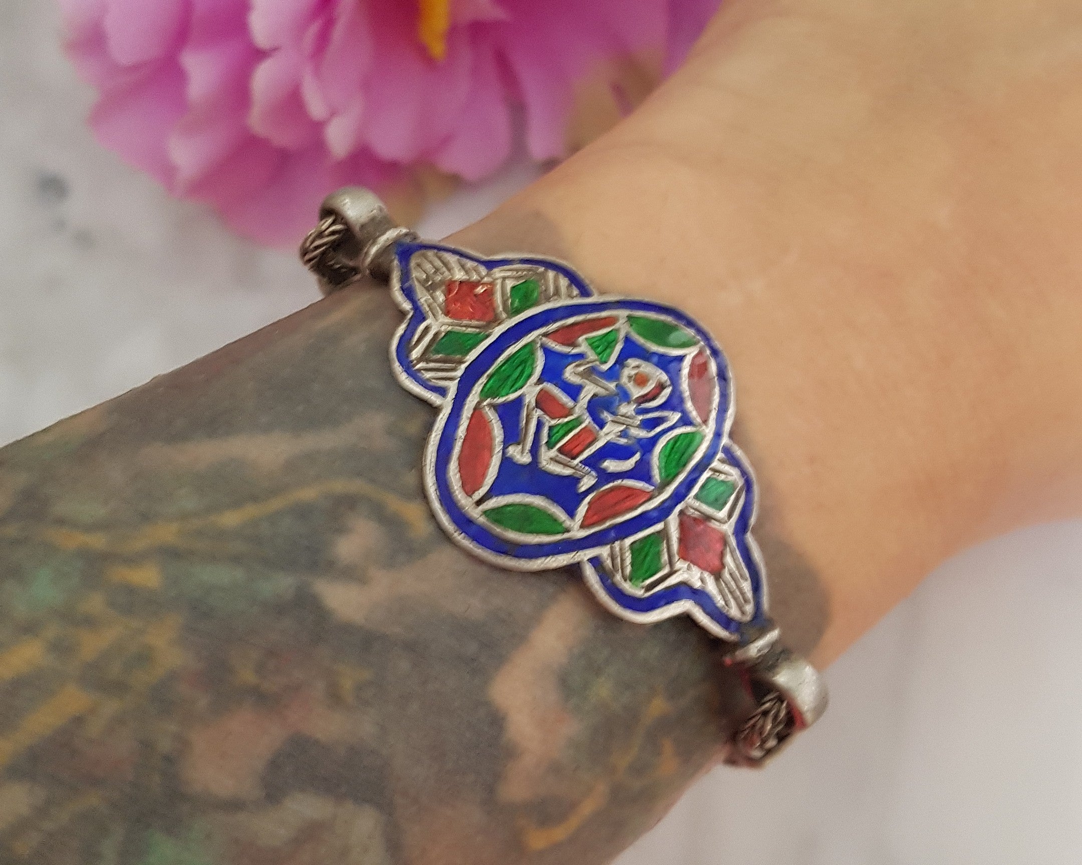 Rajasthani Enamel Hanuman Silver Snake Chain Bracelet