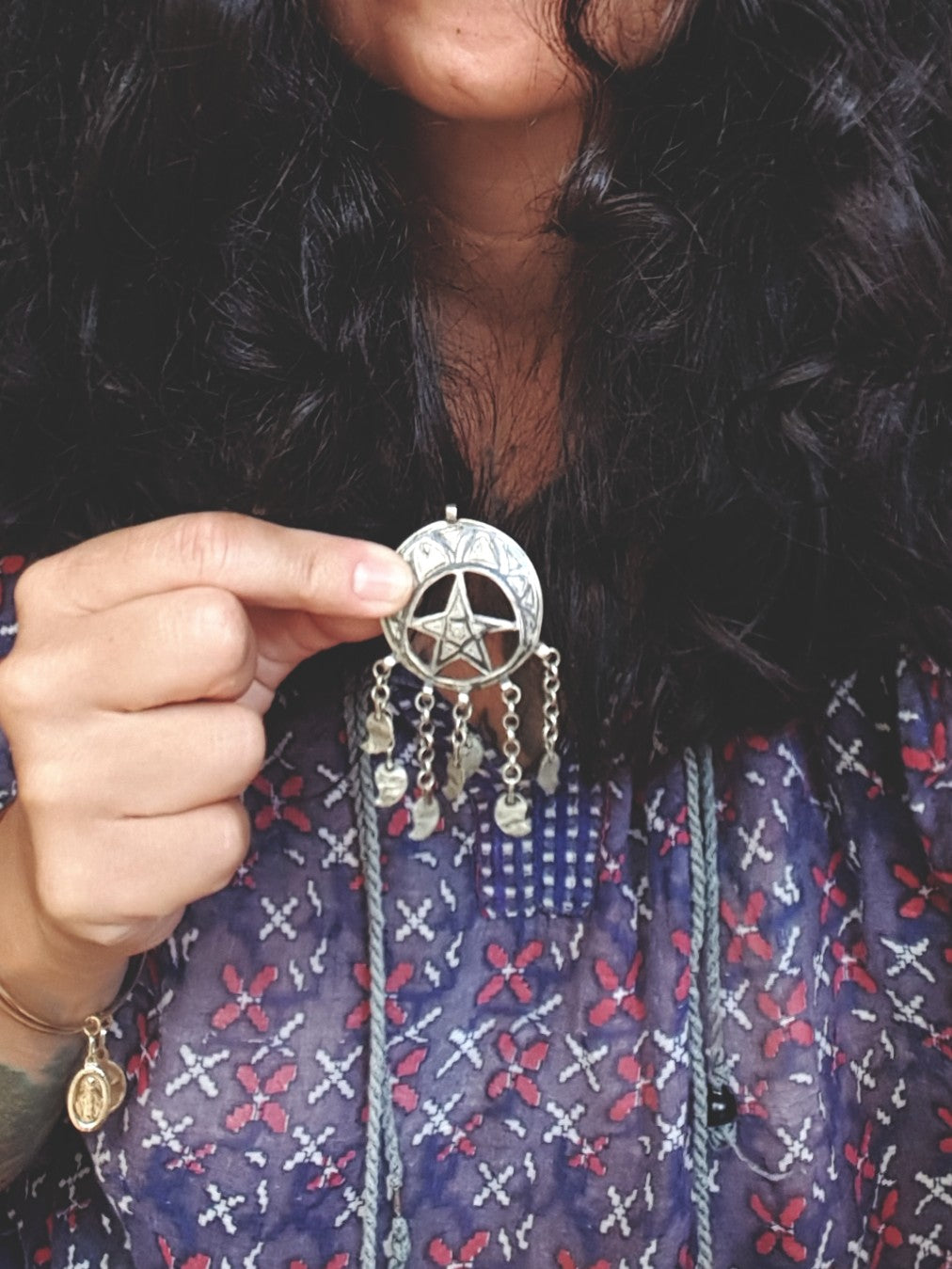 Old Caucasian Niello Pendant with Dangles