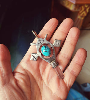 Tuareg Style Silver Cross Pendant with Turquoise and Crystal Quartz Tip