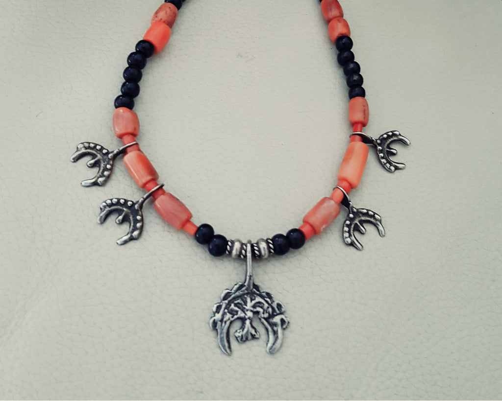 Berber Charms Coral Necklace with Silver Beads