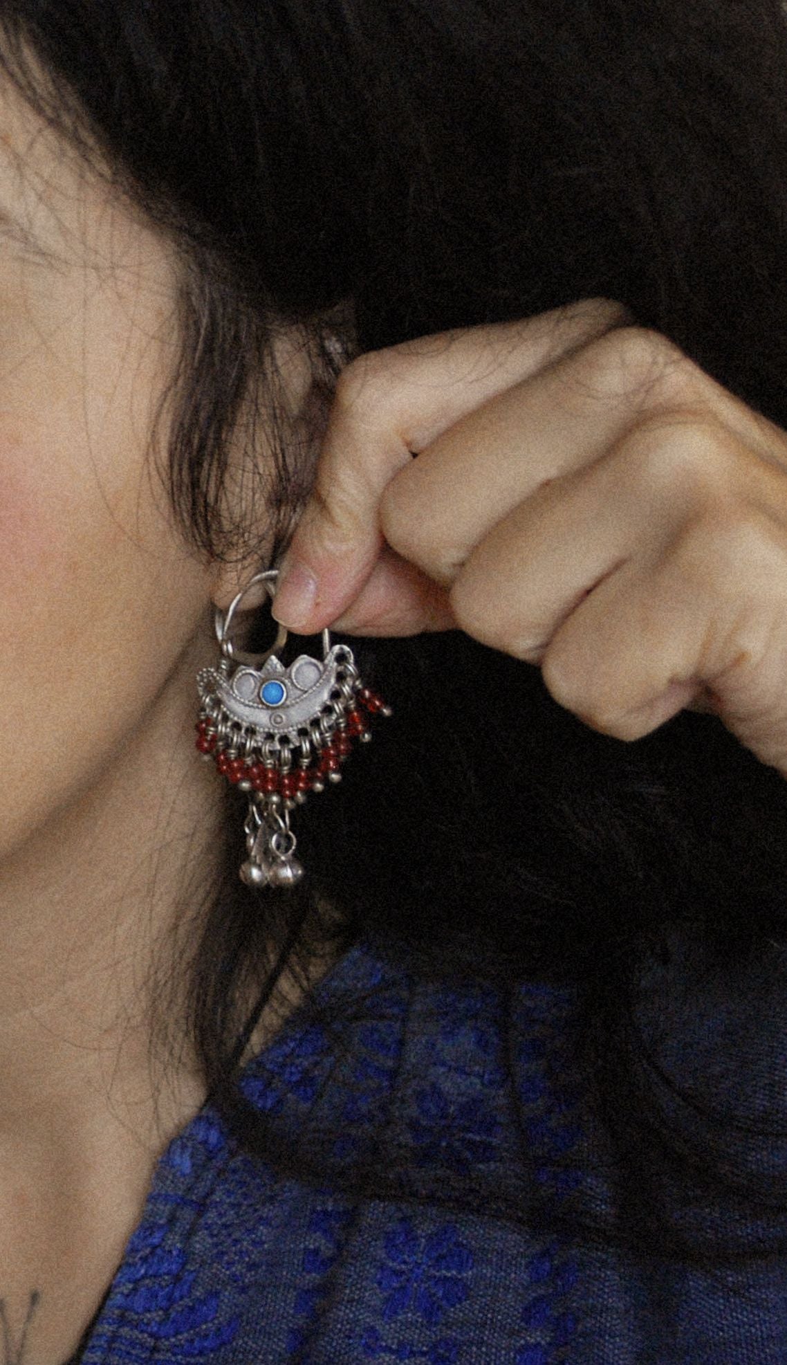 Antique Afghani Hoop Earrings with Turquoise and Glass