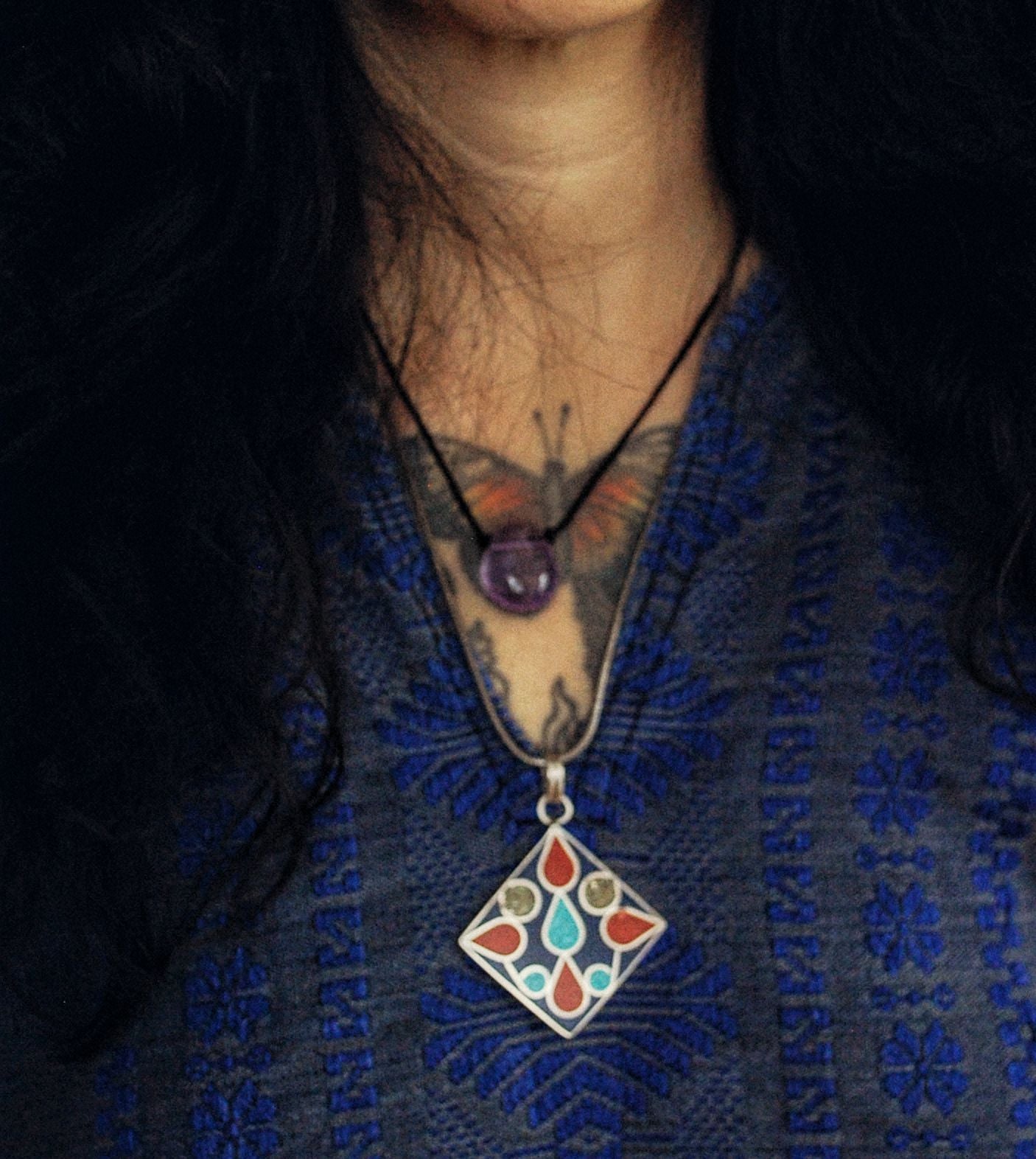 Ethnic Multistone Inlay Pendant from India