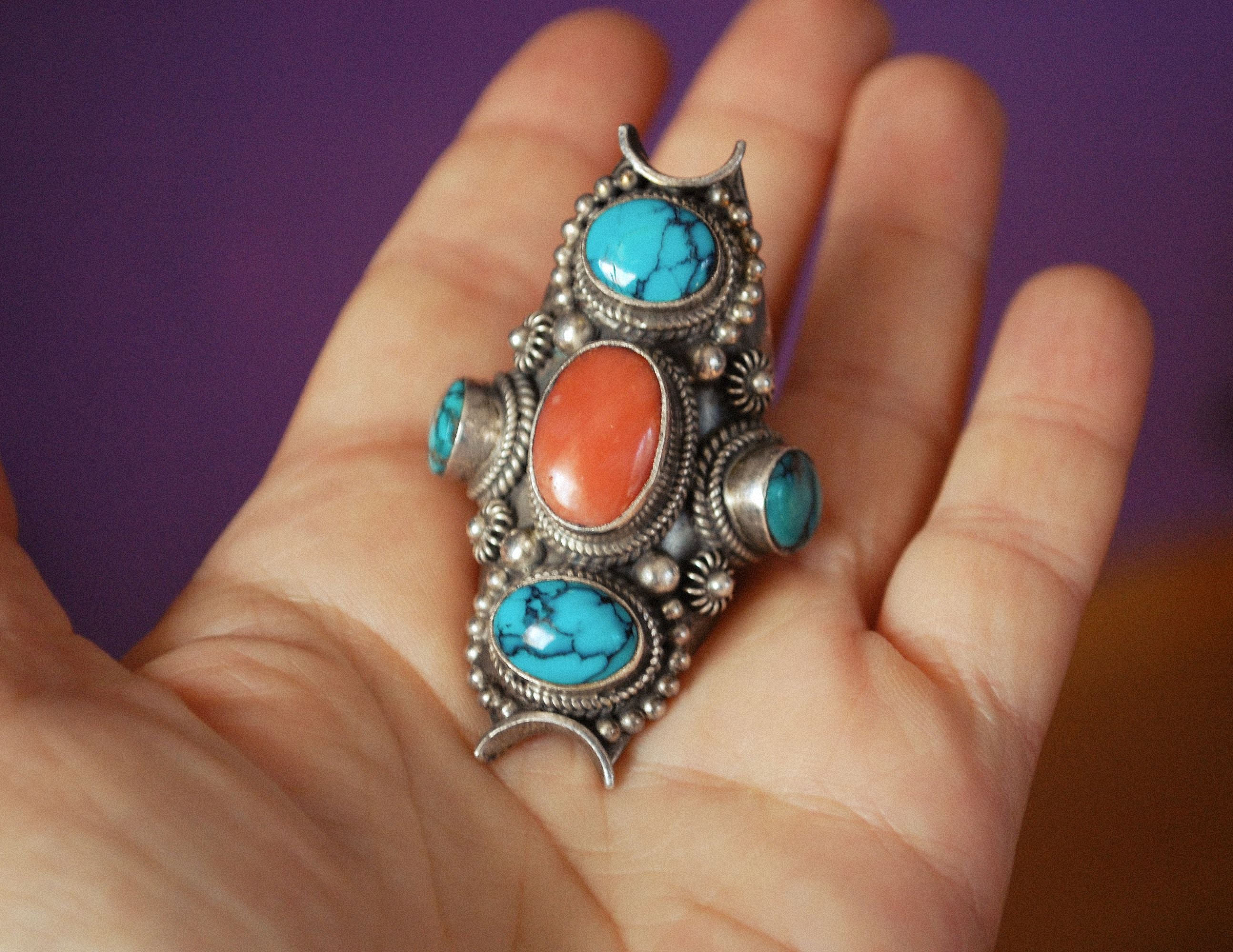 Huge Nepalese Turquoise Coral Ring - Size 8.5