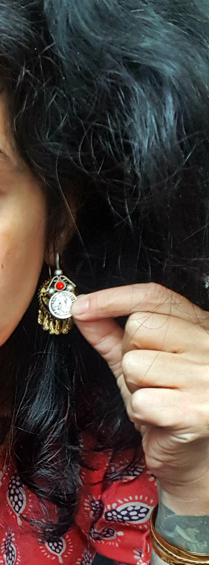 Old Berber Coin Earrings with Red Glass